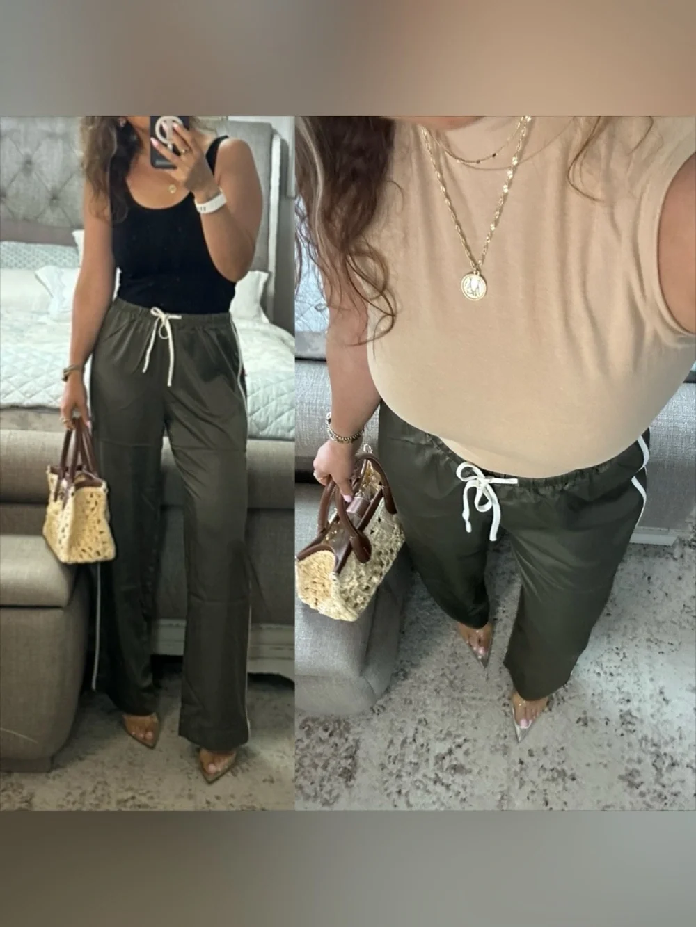 New🍂 🫒 Sporty Luxe Olive Satin Wide-Leg Pants